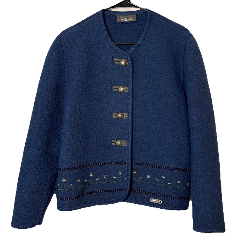 VTG Wesenjak Tirol Notburga Wool Jacket Womens US 12 Blue Austrian Embroidered